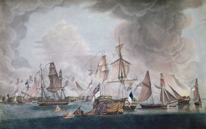 Nederlaget for de kombinerede styrker fra Frankrig og Spanien i slaget ved Trafalgar i 1805 (farvegravering)